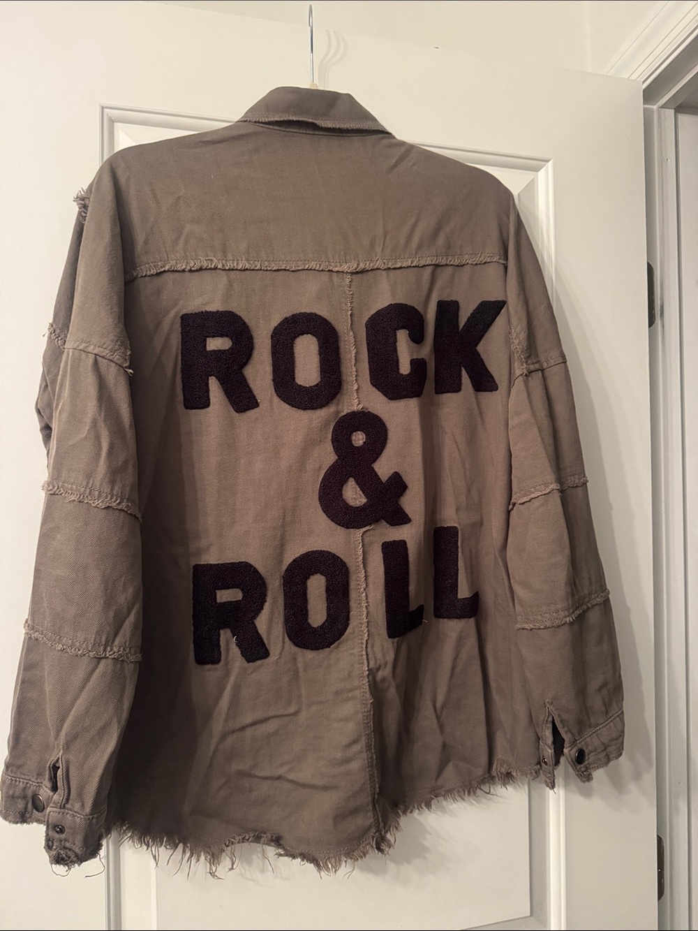 Elan Olive-Taupe Frayed Utility Button-Down Shirt Jacket